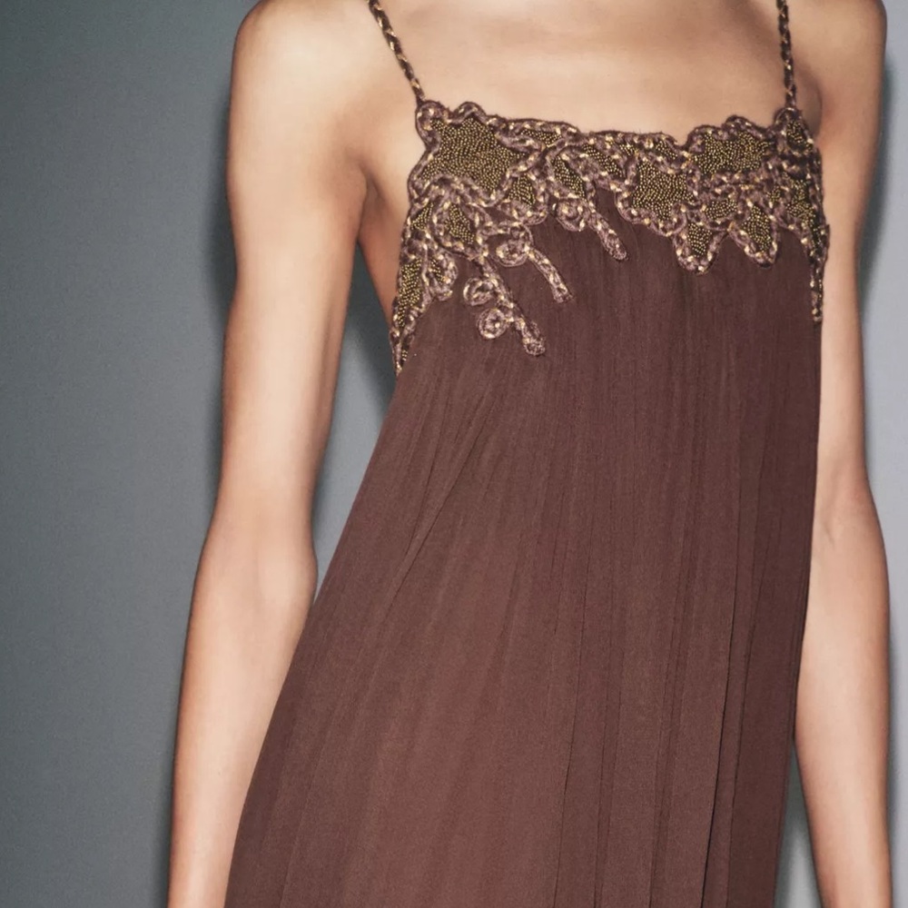 Zara NWT ZW Collection long embroidered dress brown 6895/282 - Picture 3 of 12